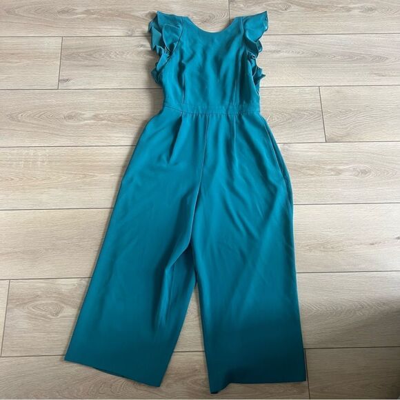 J. Crew Janet Jumpsuit in Crepe Green Size 8 Teal Pantsuit Romper Ruffle Sleeve - Picture 9 of 15